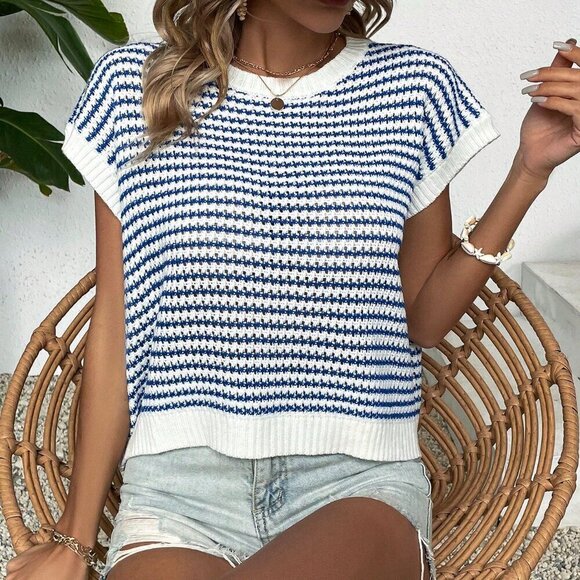 White Casual Women's Knit Mix Striped Round Neck Loose Knit Top - Picture 6 of 8